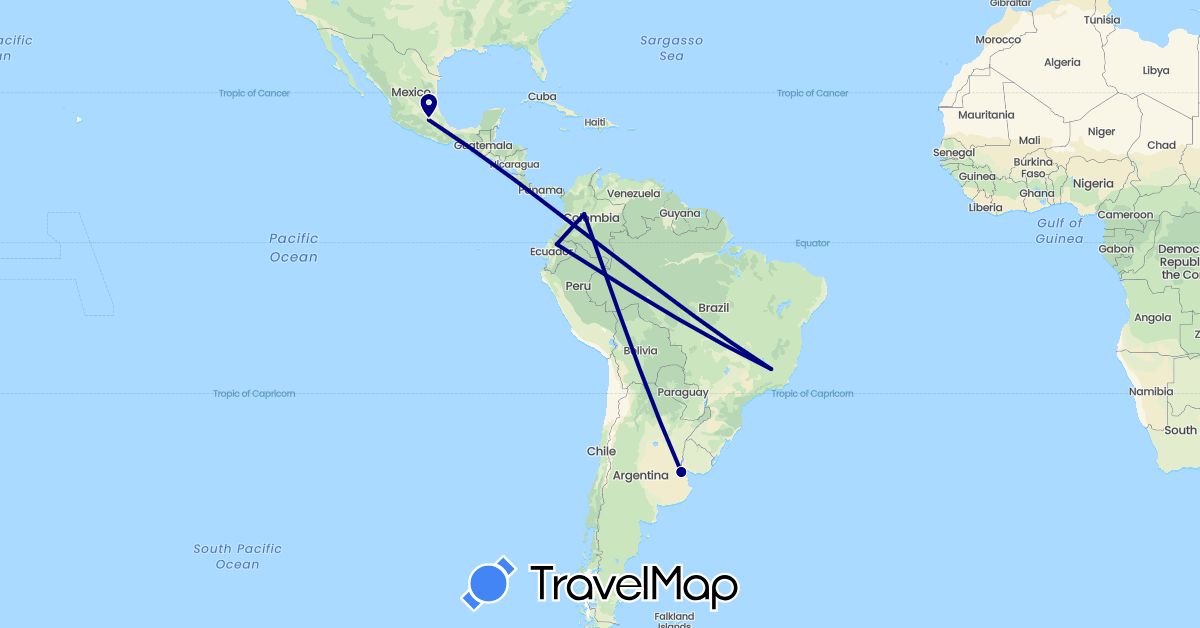 TravelMap itinerary: driving in Argentina, Brazil, Colombia, Ecuador, Mexico (North America, South America)